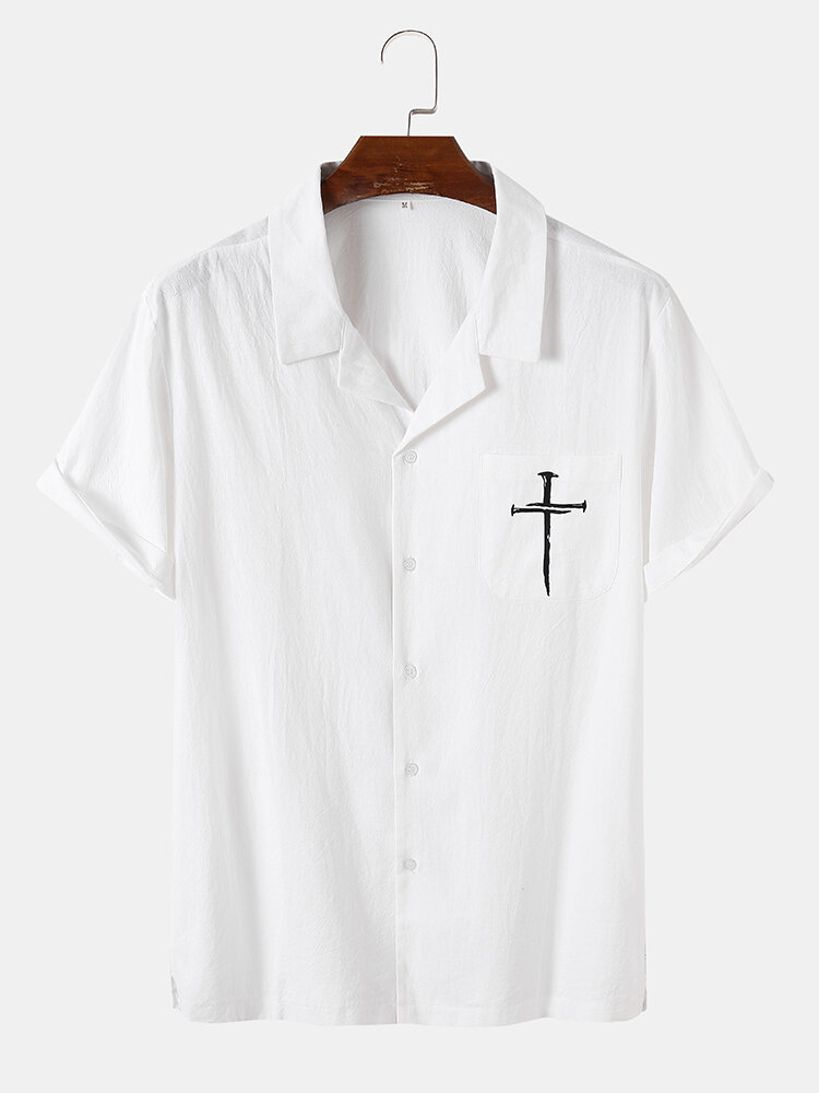 Mens Cross Chest Print Revere Collar Casual Short Sleeve Shirts