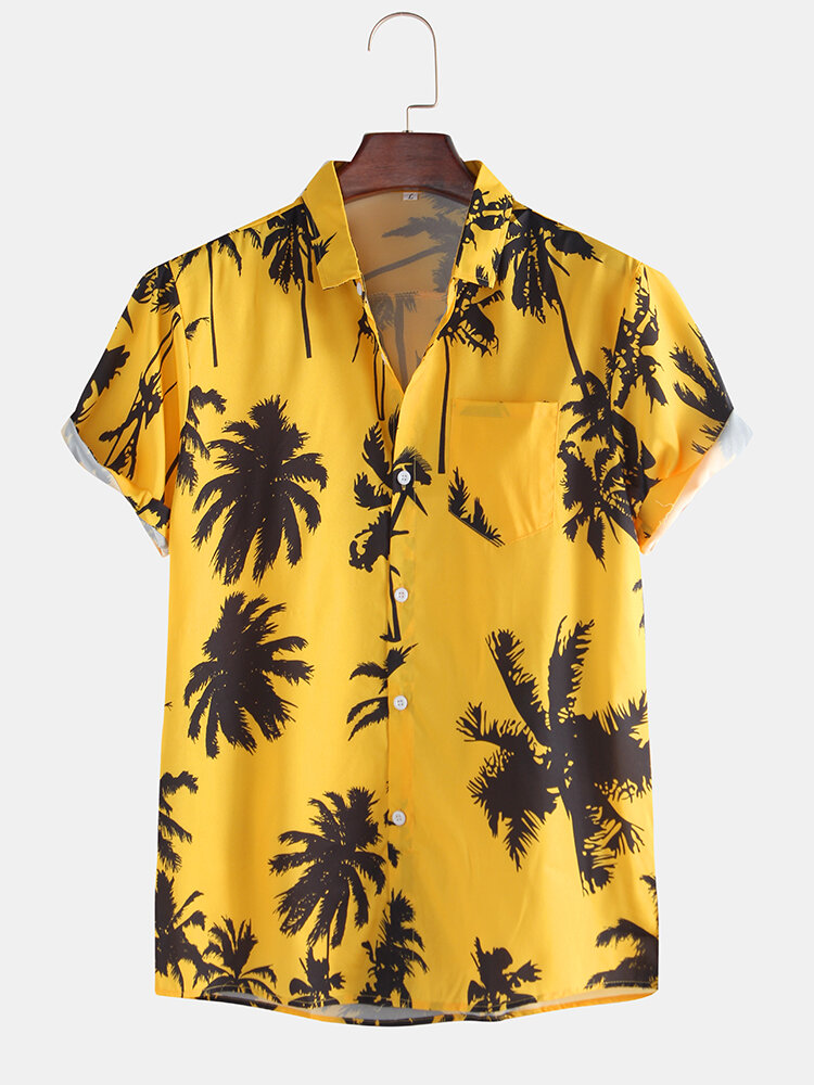 Мужские крутые рубашки с короткими рукавами и карманом на груди с тропическим принтом и отложным воротником