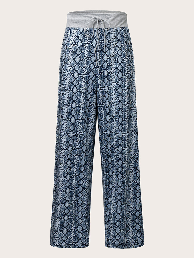 Plus Size Snakeskin Print Knotted Patchwork Wide Leg Pants