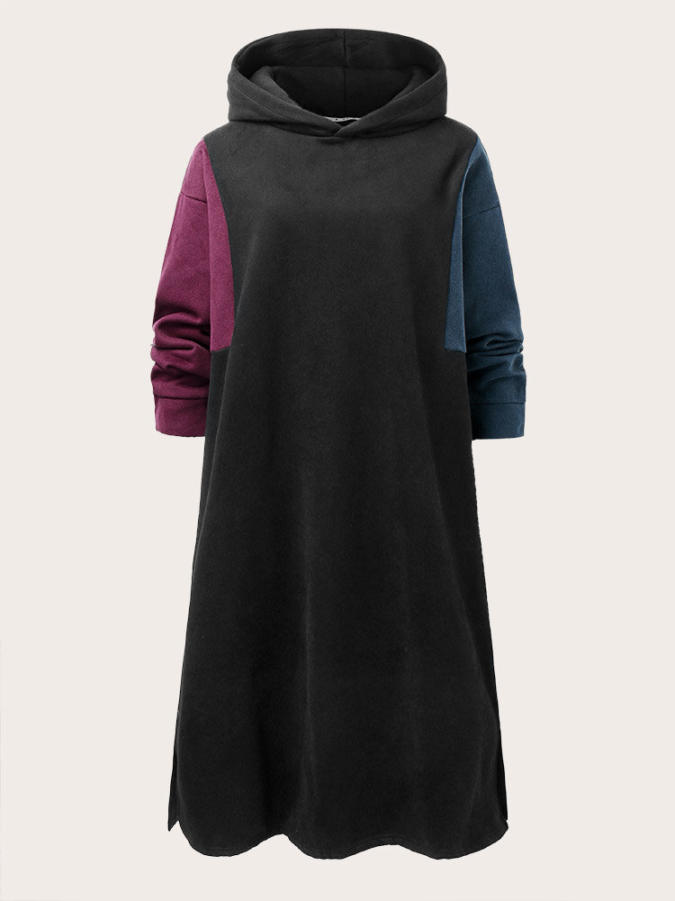 Plus Size Contrast Color Slit Hem Thermal Lined Casual Dress