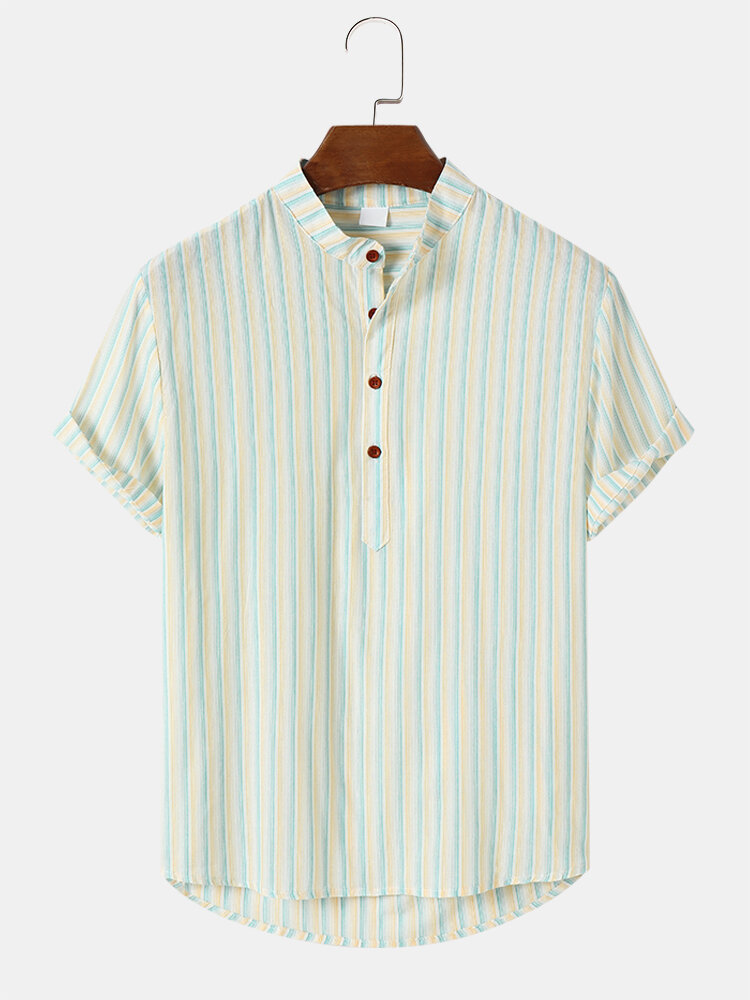 Mens Striped Stand Collar Half Button Short Sleeve Henley Shirts