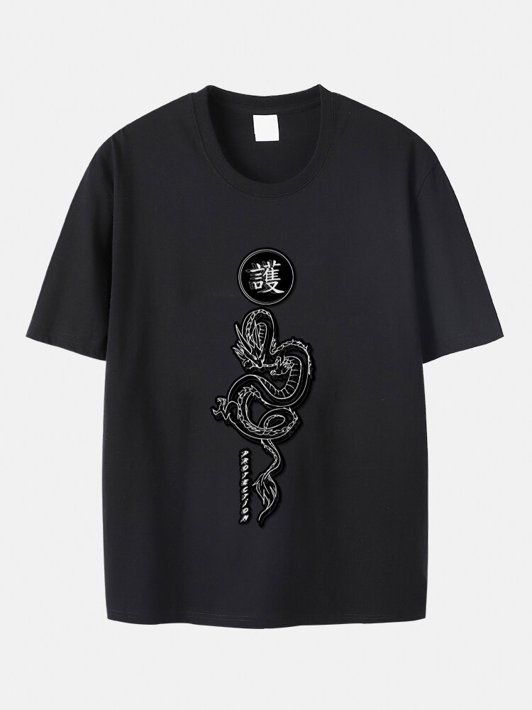 Plus Size Mens 100% Cotton Oriental Dragon Graphic Fashion Short Sleeve T-Shirts