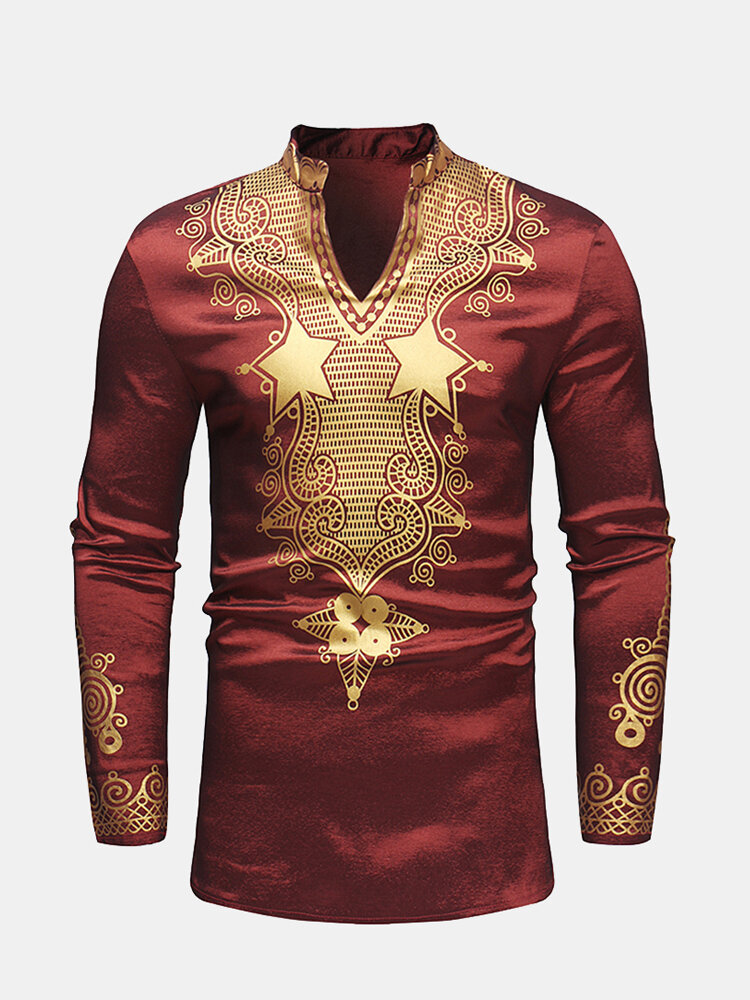 Mens African Style Printing Mid-long Long Sleeve Slim Fit Casual T shirt