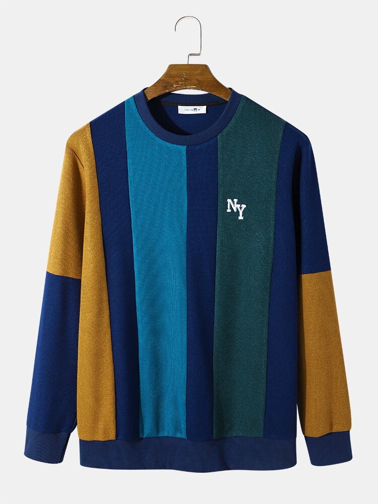 Mens Letter Embroidered Colorblock Patchwork Crew Neck Knit Pullover Sweatshirts