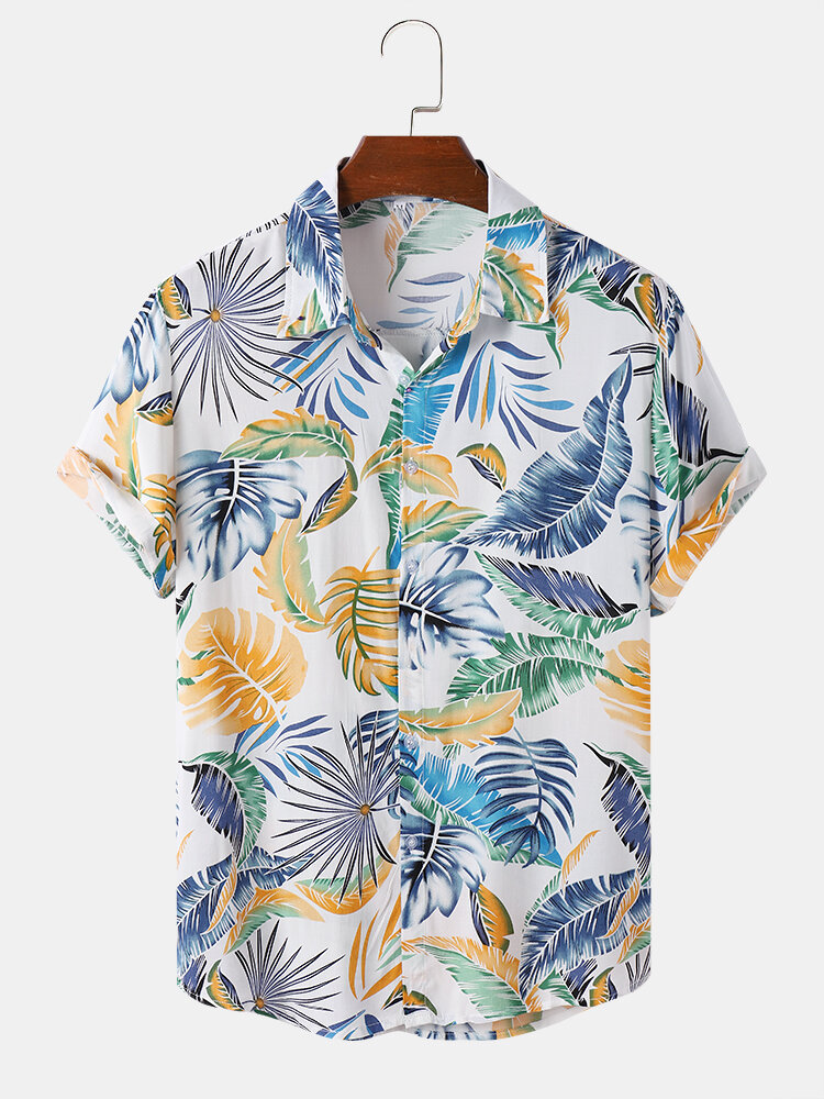 Men Tropical Leaf Multi Color Buttons Up Hawaii Style Holiday Casual Short Sleeve Shirts
