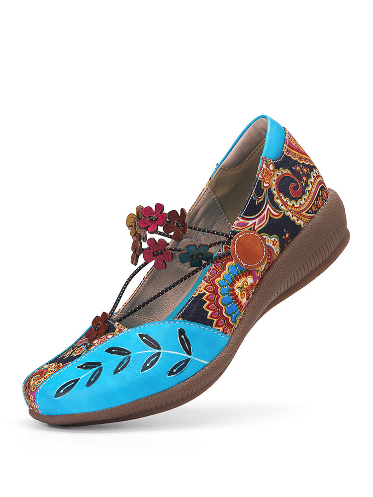 

SOCOFY Folkways Pattern Genuine Leather Splicing Jacquard Comfortable Elastic Band Flat Shoes, Blue