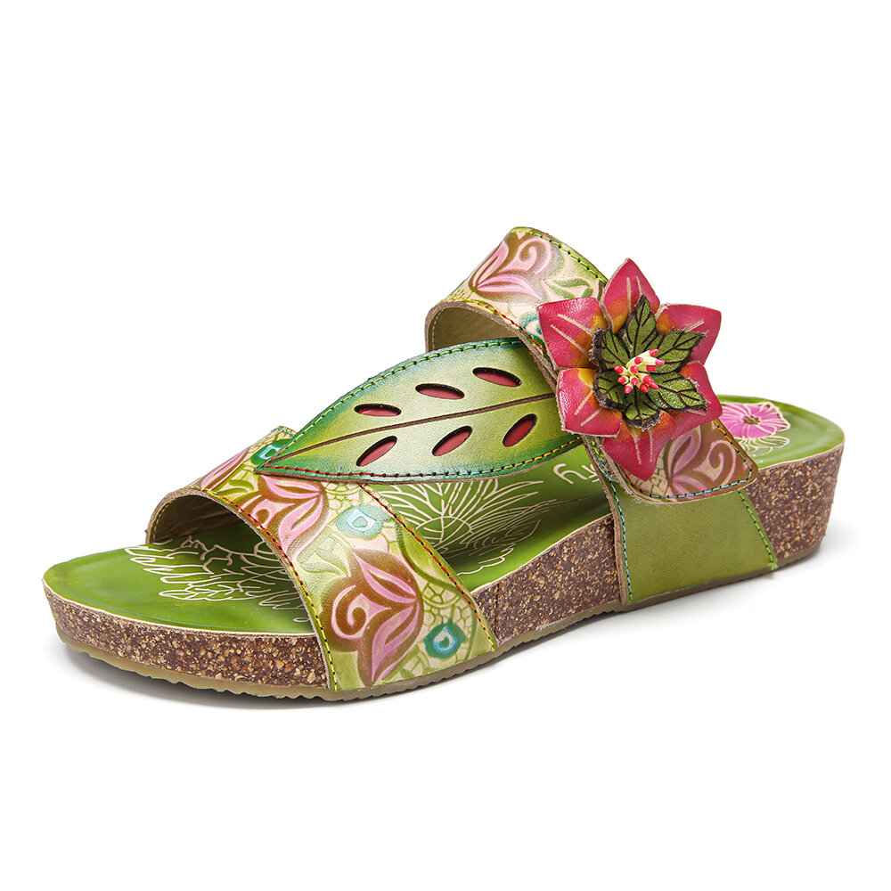 Bohemia Painted Flower Decorative Wedge Outsole Slip-on Slippers Sandals