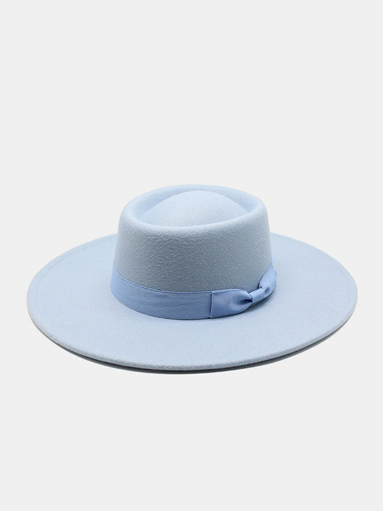 Unisex Woolen Felt Solid Color Bandage Bowknot Decoration Concave Top Fedora Hat