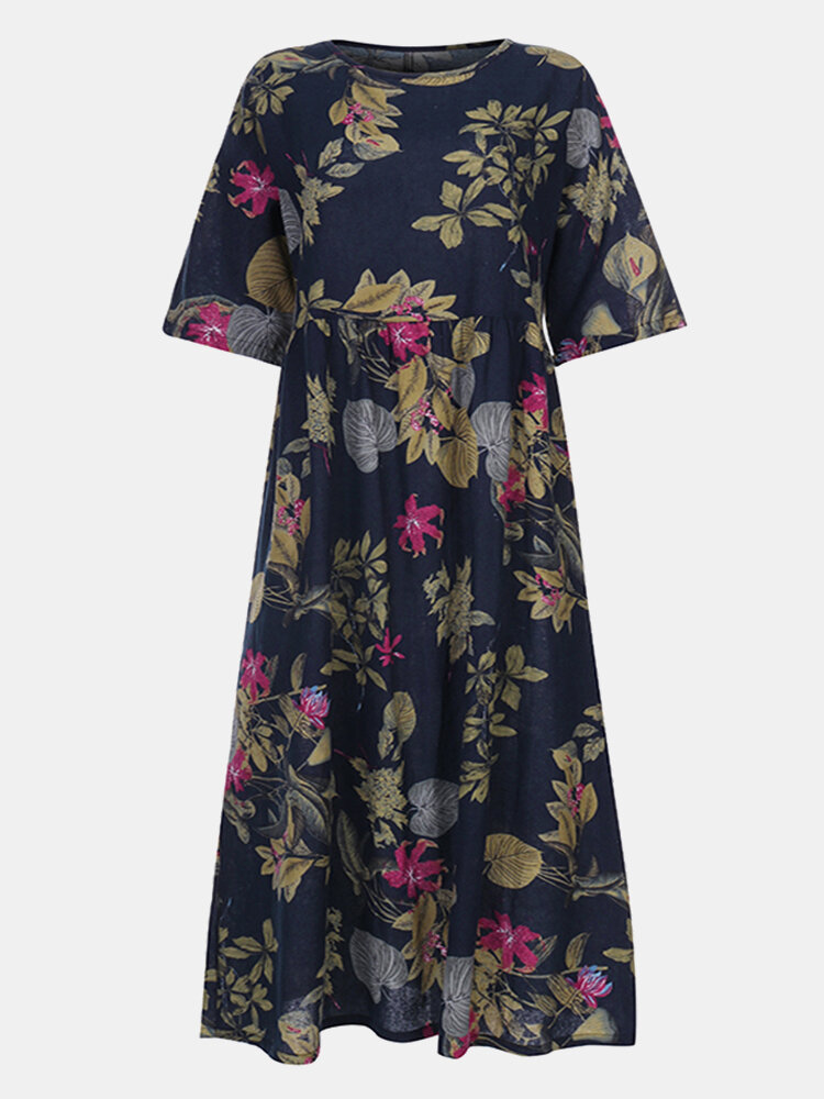 Fashion ZANZEA Vintage Floral Print High Waist Plus Size Dress{ - NewChic