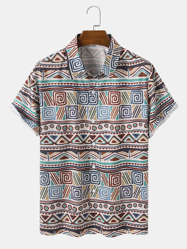 Mens Ethnic Geometric Pattern Button Up Short Sleeve Shirts
