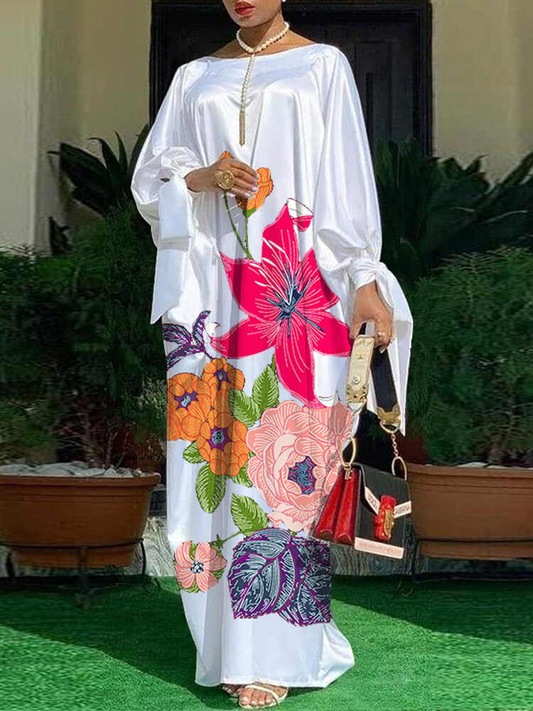 Большие размеры Женское Круглый цветочный принт Шея Свободное атласное платье макси Платье