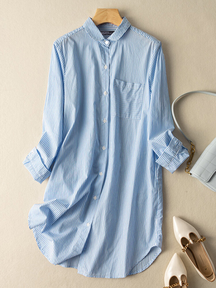 Stripe Pattern Pocket Button Long Sleeve Shirt Dress