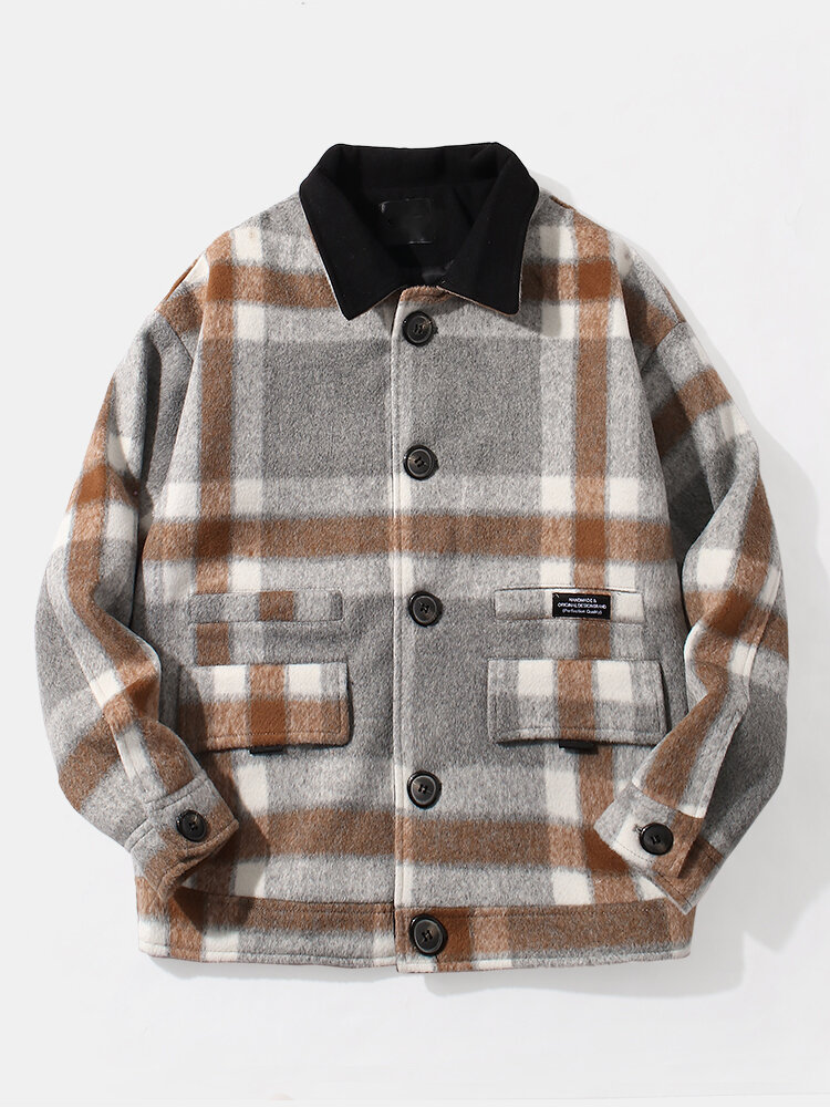 Abrigos de lana vendimia de doble bolsillo con solapa de un solo pecho a cuadros para hombre