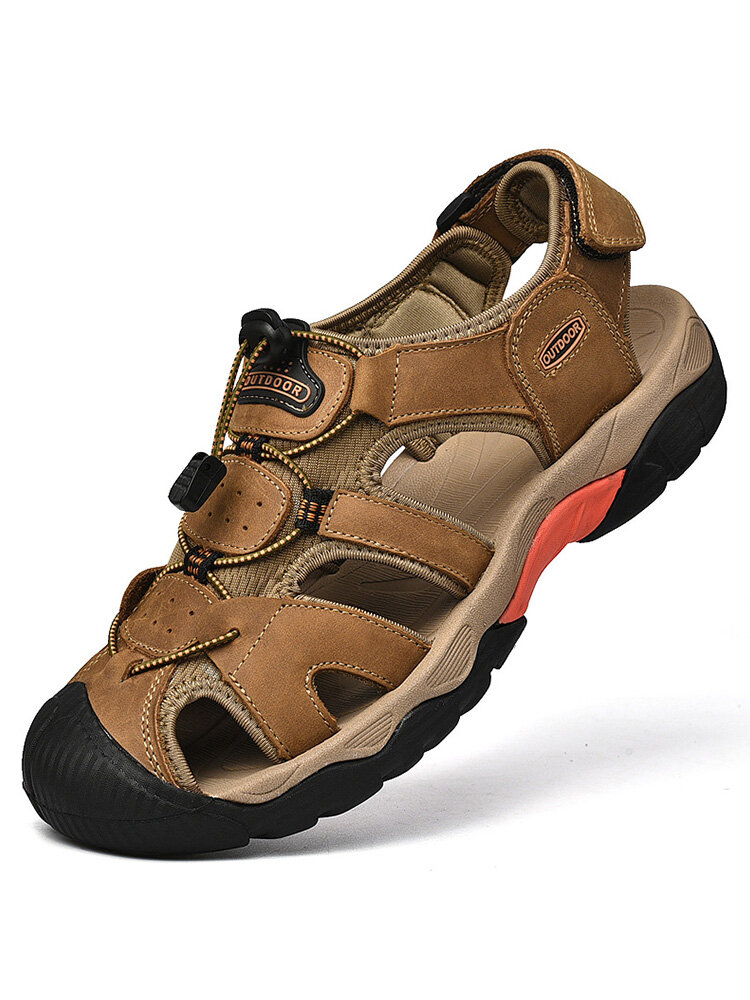 Men Outdoor Cow Leather Anti-collision Toe Hiking Water Sandals
