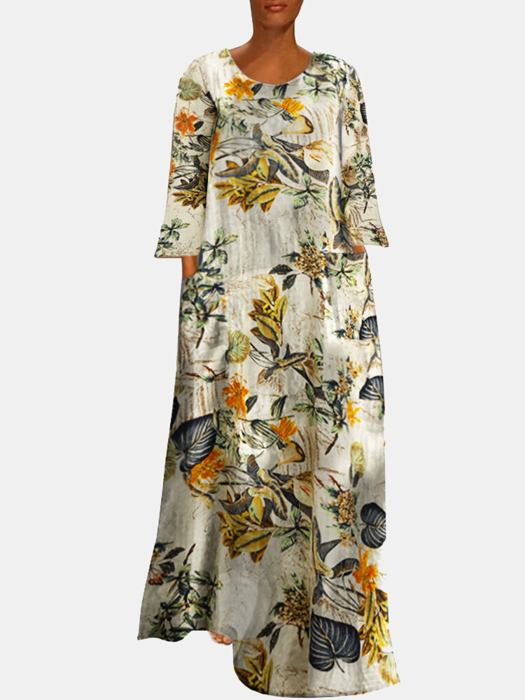 Leaves Print Long Sleeve Loose Vintage Maxi Dress For Women