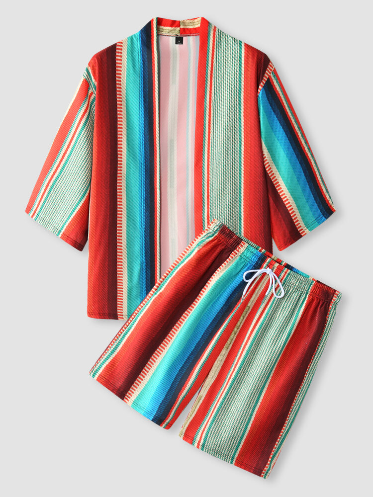 Mens Colorful Stripe Print Kimono Ethnic Style Two Pieces Outfits