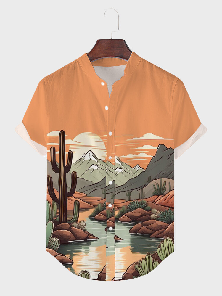 

Mens Plants Landscape Print Curved Hem Short Sleeve Shirts, Orange