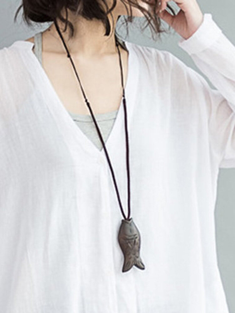 Vintage Style Handmade Wood Fish Pandent Casual Sweater Long Charm Necklace Ethnic Jewelry for Women