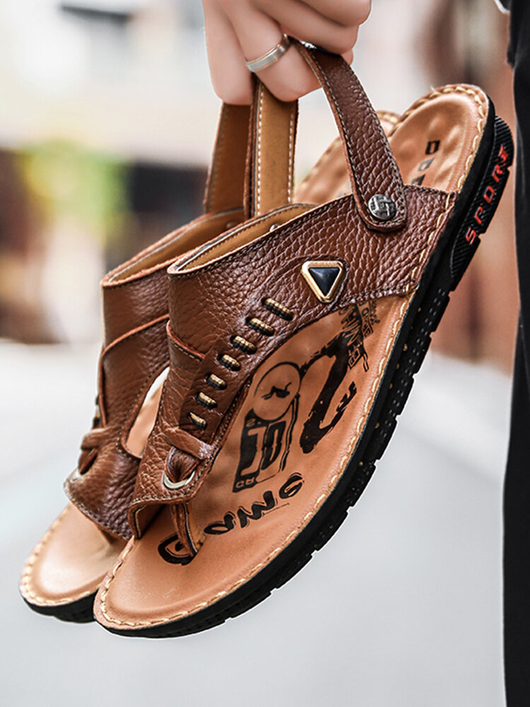 Men Clip Toe Two Ways Wearing Soft Leather Water Sandals
