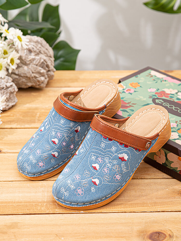 Socofy Women Comfortable Embroidered Wedge Clogs Sandals