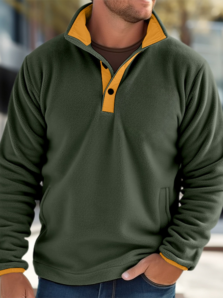 Mens Contrast Patchwork Stand Collar Fleece Casual Pullover Sweatshirts Winter