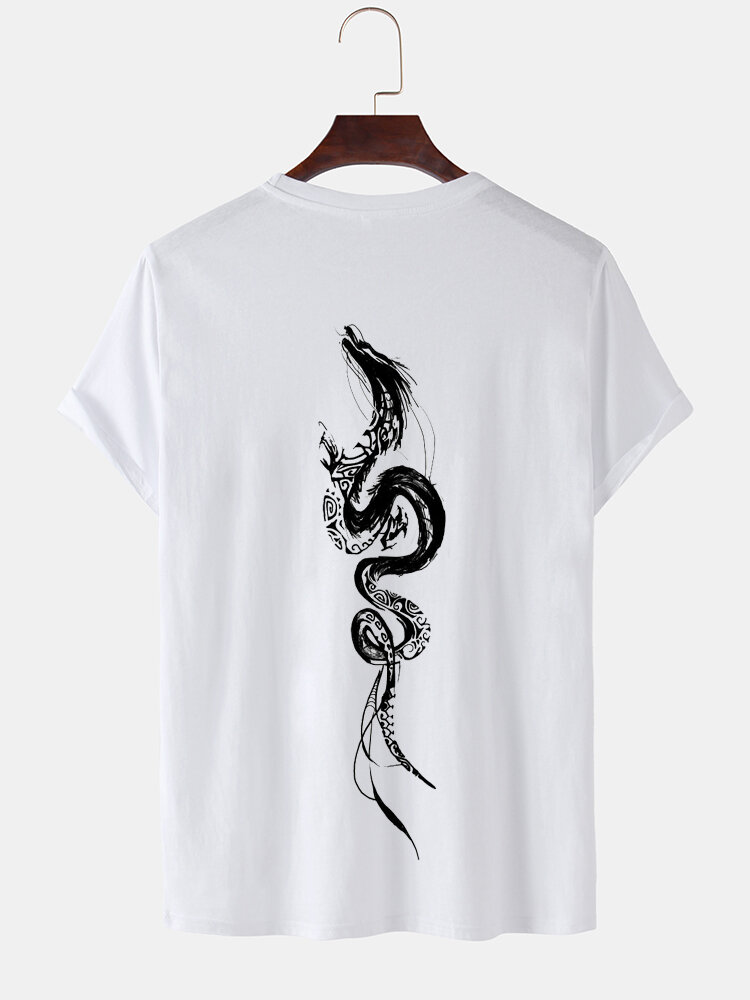 Mens Chinese Ink Dragon Back Print Short Sleeve T-Shirts Winter
