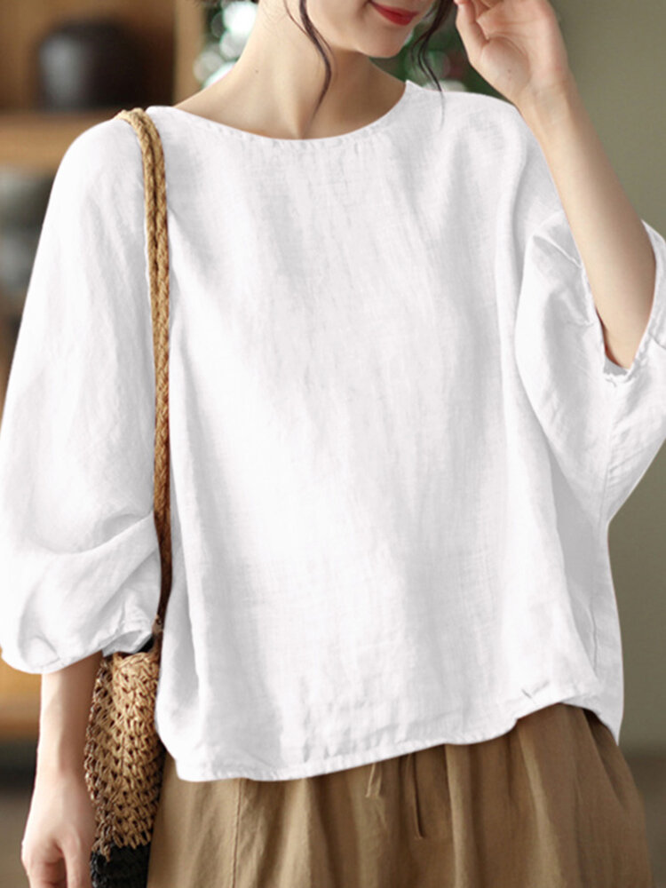 Solid Loose Dolman Sleeve Crew Neck Blouse