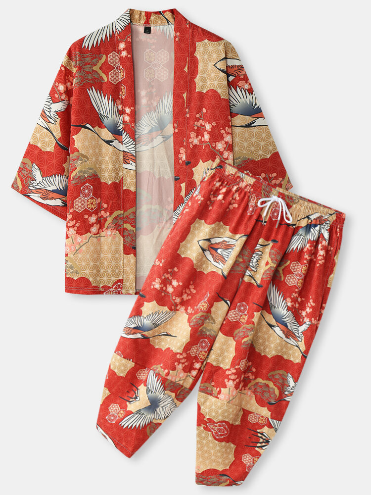 

Crane Floral Print Kimono Cropped Co-ords, Red