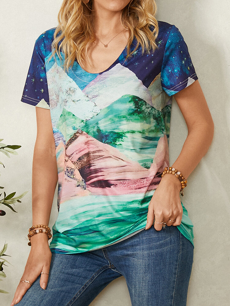Landscape Print V-neck Short Sleeve T-Shirt For Women