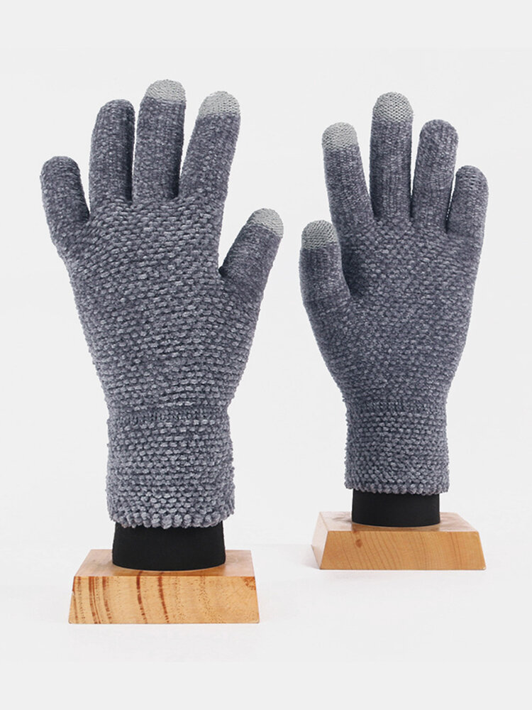 Unisex Colorful Chenille Knitted Three-finger Touch-screen Winter Outdoor Cool Protection Warmth Full-finger Gloves