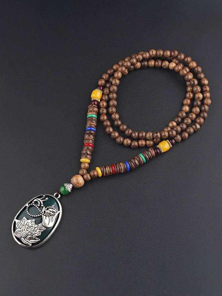 Ethnic Geometric Pendant Long Necklace Jade Agate Handmade String Beads Long Necklace