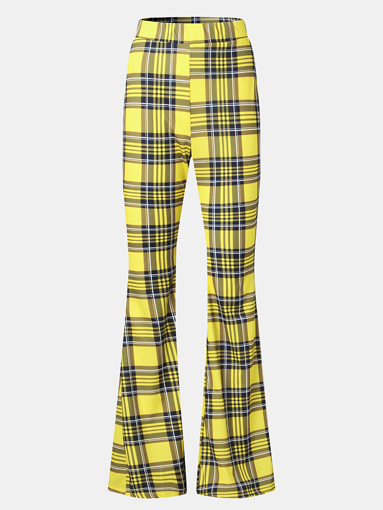 

Plaid Print Bell-bottomed Long Casual Pants for Women, Yellow
