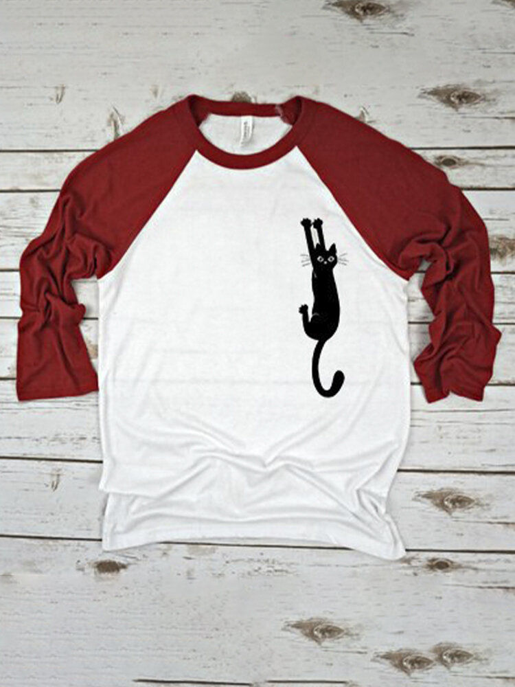 Cat Cartoon Print Long Sleeves O-neck Casual T-shirt For Women