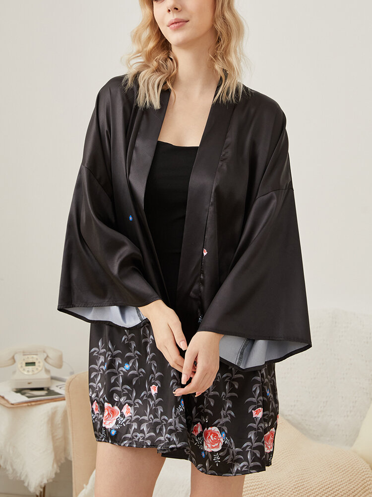 

Plus Size Kimono Plant Pattern Front Open Above Knee Length Robes, Black