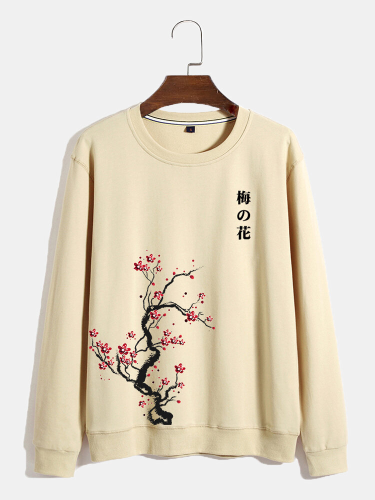 Mens Plum Bossom Chinese Print Crew Neck Cotton Pullover Sweatshirts