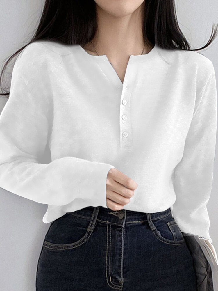 Solid Long Sleeve Half Placket Button Crew Neck Knit T-shirt