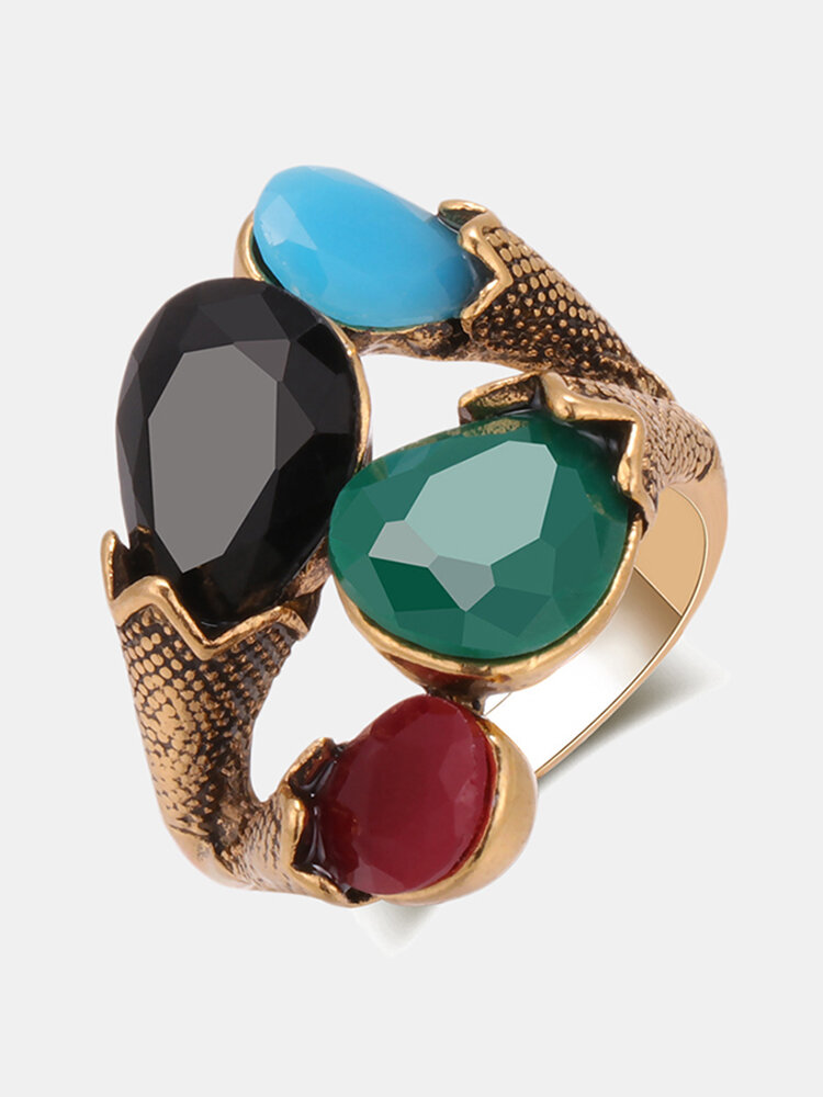 Vintage Geometric Metal Gemstone Ring Colorful Resin Hollow Ring Bohemian Jewelry