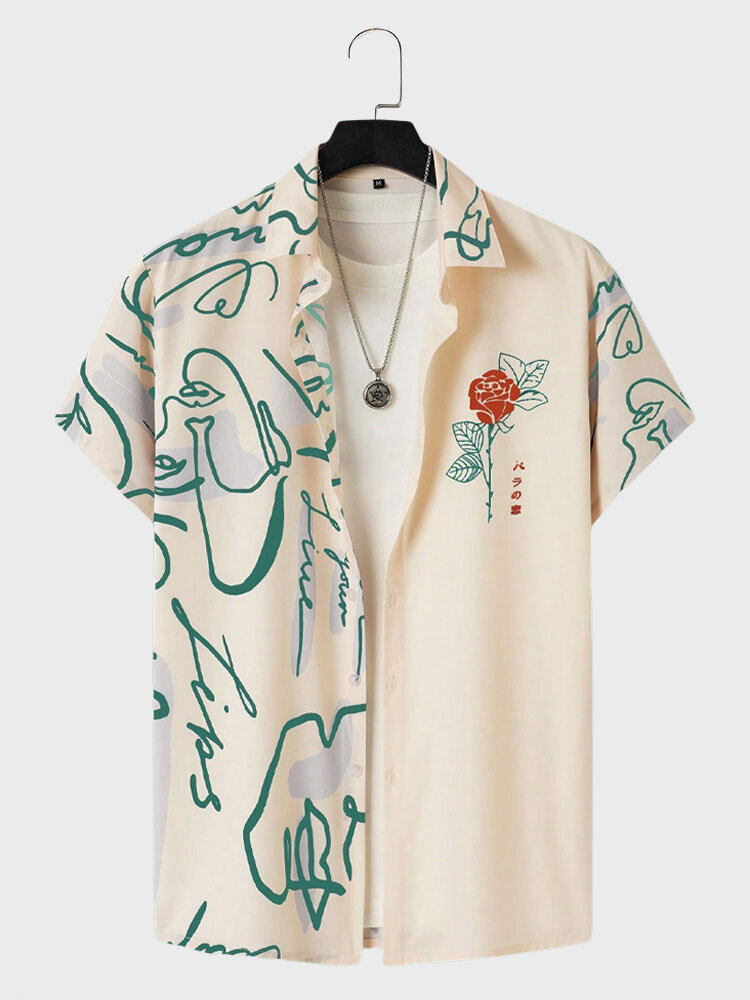 

Mens Japanese Rose Abstract Print Lapel Short Sleeve Shirts, Apricot