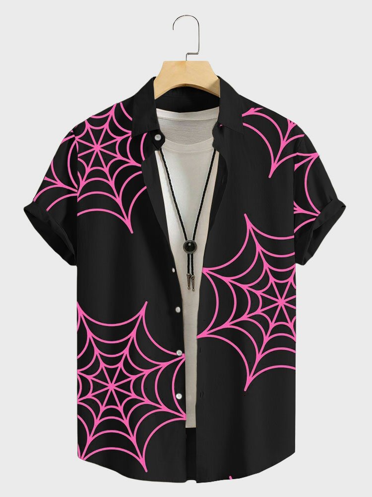 Chemises à manches courtes Halloween à revers imprimé toile d'araignée pour hommes