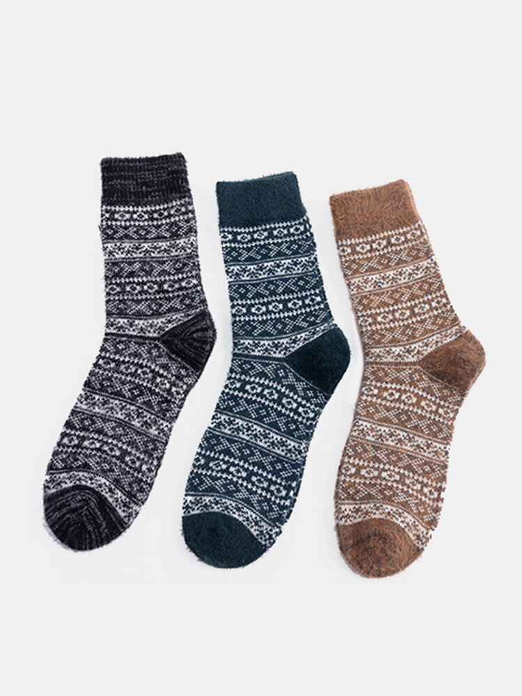 3 Pairs Men Rabbit Fur Wool Blend Geometric Pattern Jacquard Thicken Breathable Warmth Socks