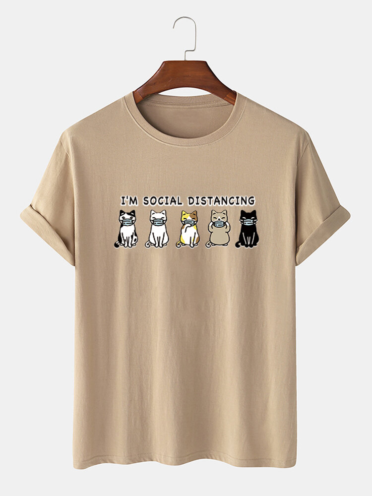 Men 100% Cotton Cartoon Cat Printed Casual T-shirt