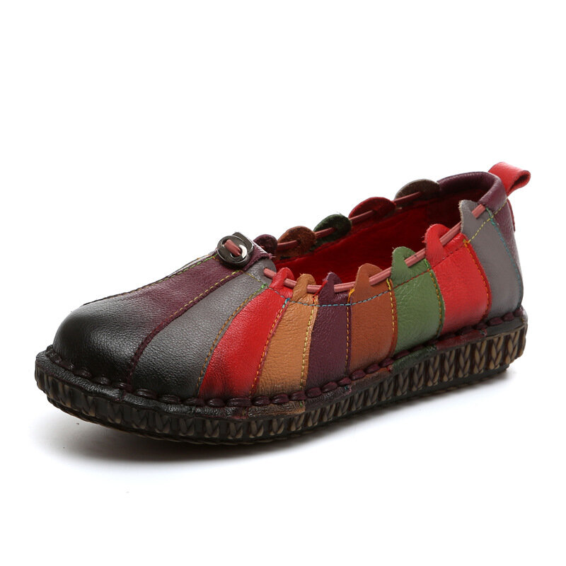 Socofy Rainbow Weave Leather Soft Flat Vintage Loafers