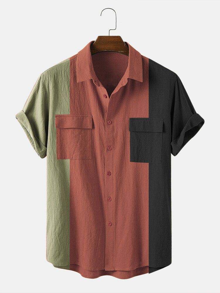 Mens Color Block Double Pocket Short Sleeve All Matched Shirts