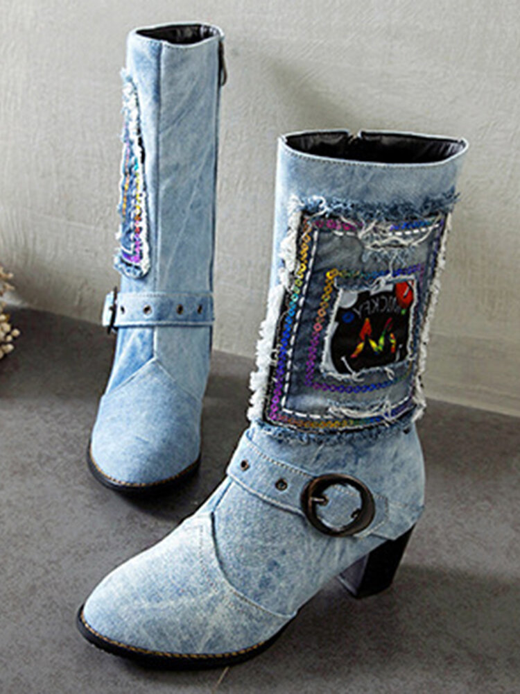 Women Pattern Embroidery Chunky Heel Mid-calf Denim Boots