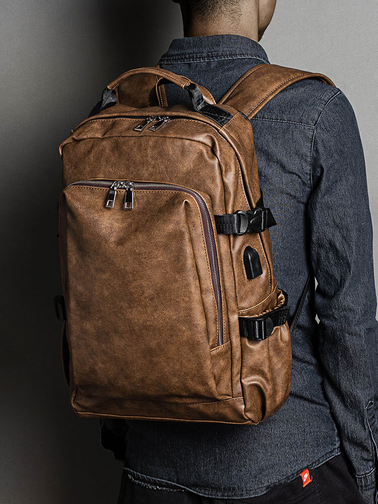 Men PU Leather Functional Backpack Universal Laptop Backpack