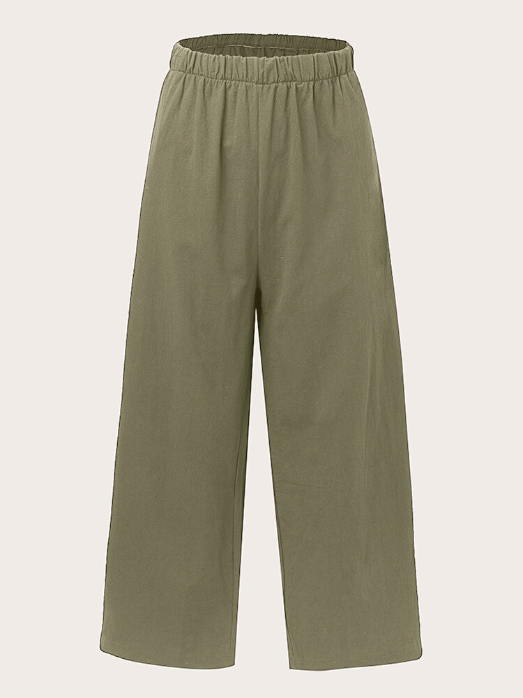 Plus Size Solid Color Elastic Waist Pocket Wide-leg Pants