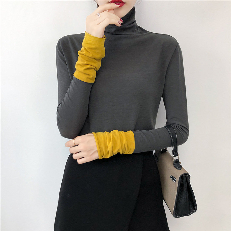 Year Of The New Sexy High Collar Long-sleeved T-shirt Female Fashion Color Matching Foreign Shirt Tops Shirt
