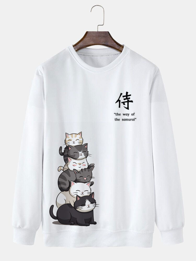 Mens Cartoon Cat Character Print Crew Neck Pullover Sweatshirts Winter
