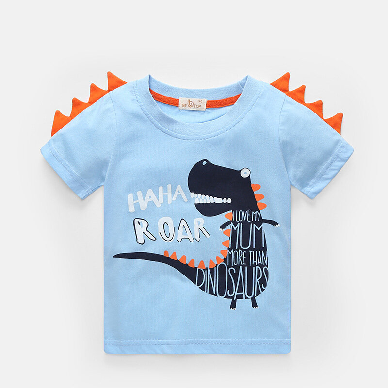Boy's Cartoon Letter Dinosaur Print Summer Short Sleeve Casual T-shirt For 2-10Y