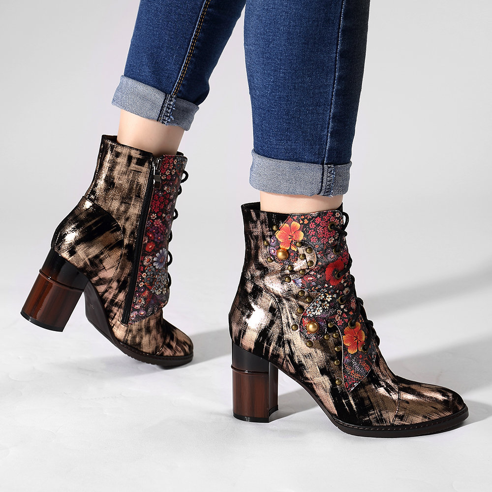 SOCOFY Comfy Bohemia Genuine Leather Metal Texture Flower Pattern Rivet Zipper High Heel Ankle Boots